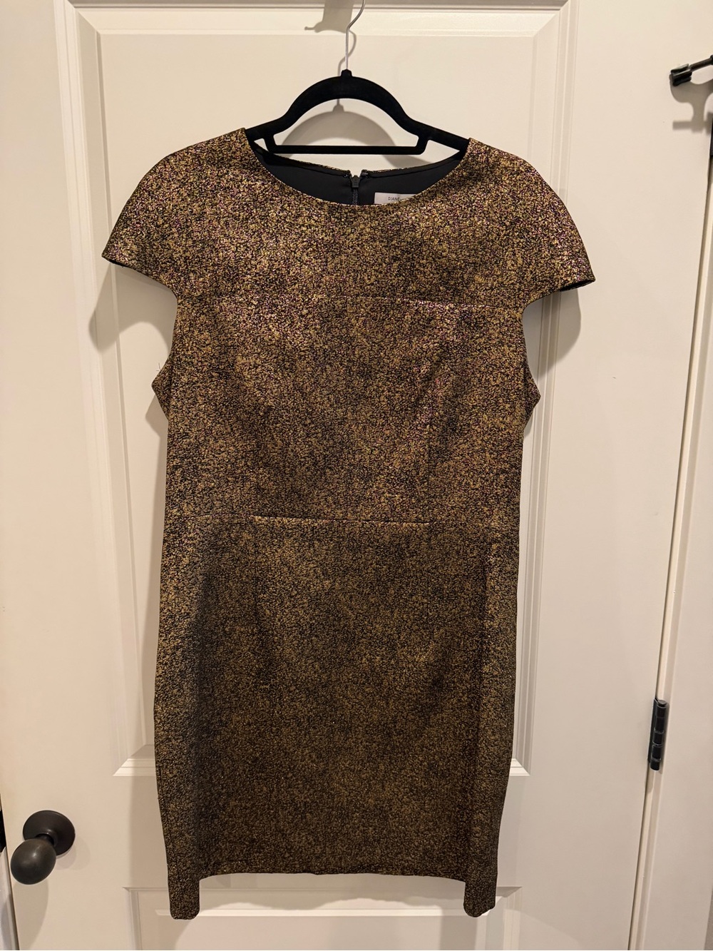 Diane Von Furstenberg Metallic Gold and Black Sheath Midi Dress